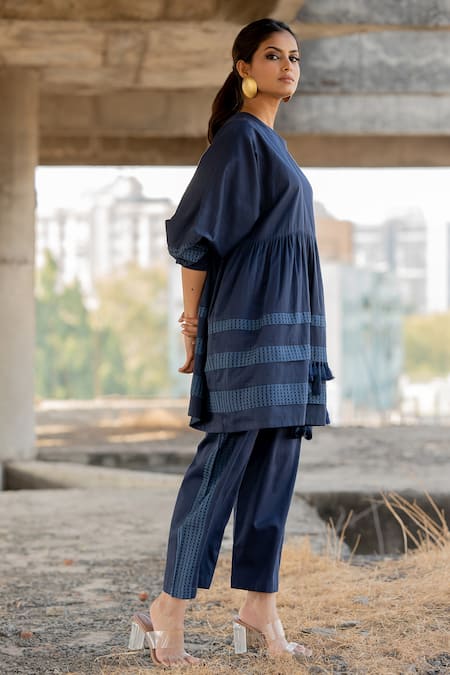 Pooja-Keyur_Blue Cotton Satin Tassels Artistic Abstraction Gathered Kurta And Pant Co-ord Set_at_Aza_Fashions