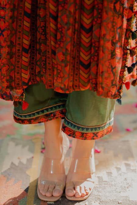 Buy_Pooja-Keyur_Multi Color Chiffon Tassels, Sequins Mandala Print Gathered Kurta With Palazzo_Online_at_Aza_Fashions