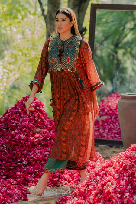 Pooja-Keyur_Multi Color Chiffon Tassels, Sequins Mandala Print Gathered Kurta With Palazzo_at_Aza_Fashions