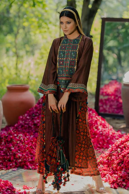 Pooja-Keyur_Multi Color Cotton, Silk Embroidery Round Neck Aari Kurta And Pant Set_at_Aza_Fashions