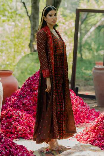 Pooja-Keyur Red Silk Embroidery V-neck Floral Print Overlay Jacket Online at Aza Fashions Pooja-Keyur_Red Silk Embroidery V-neck Floral Print Overlay Jacket_Online_at_Aza_Fashions