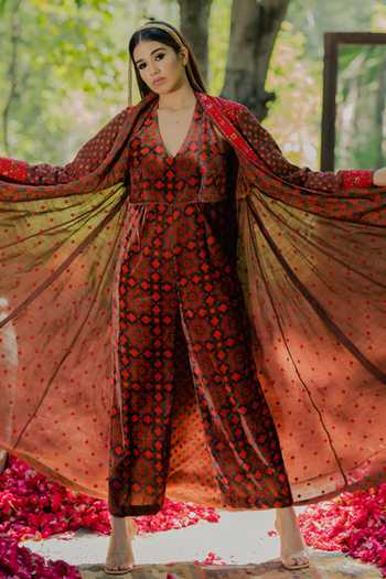Buy Pooja-Keyur Red Silk Embroidery V-neck Floral Print Overlay Jacket Online at Aza Fashions Buy_Pooja-Keyur_Red Silk Embroidery V-neck Floral Print Overlay Jacket_Online_at_Aza_Fashions