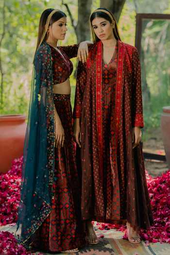 Pooja-Keyur Red Silk Embroidery V-neck Floral Print Overlay Jacket at Aza Fashions Pooja-Keyur_Red Silk Embroidery V-neck Floral Print Overlay Jacket_at_Aza_Fashions