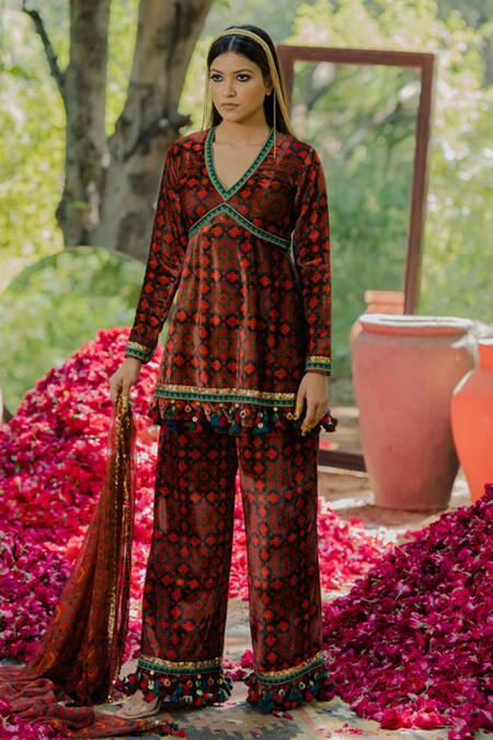 Pooja-Keyur Brown Velvet Embroidery, Tassels V-neck Short Kurta And Pant Set Online at Aza Fashions Pooja-Keyur_Brown Velvet Embroidery, Tassels V-neck Short Kurta And Pant Set_Online_at_Aza_Fashions