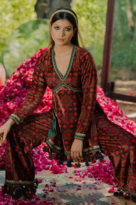 Shop Pooja-Keyur Brown Velvet Embroidery, Tassels V-neck Short Kurta And Pant Set Online at Aza Fashions Shop_Pooja-Keyur_Brown Velvet Embroidery, Tassels V-neck Short Kurta And Pant Set_Online_at_Aza_Fashions