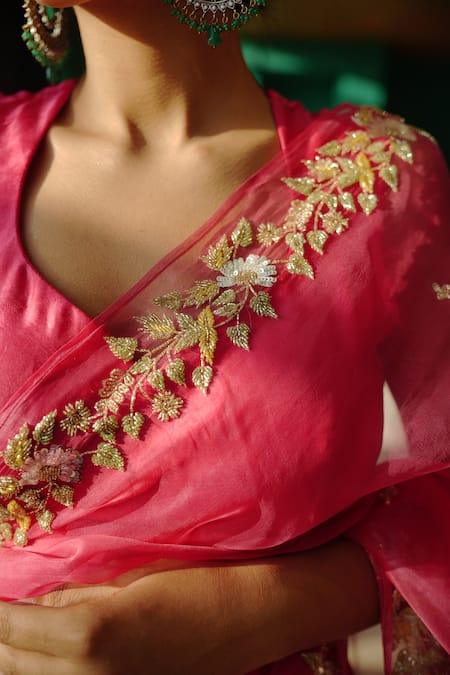 Buy Pink Saree Silk Organza Hand Embroidered Zardosi Leaf Blouse