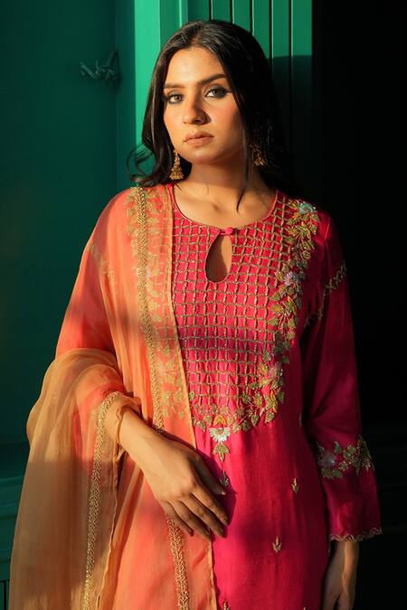 Buy_Gul By Aishwarya_Magenta Satin Silk Hand Embroidered Pakistani Kurta Dhoti Pant Set  _Online_at_Aza_Fashions