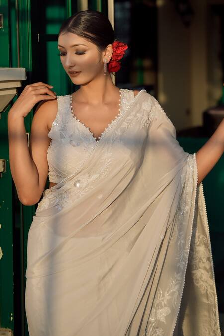 Gul By Aishwarya_Grey Crepe Hand Embroidered Cutdana Bordered Saree And Blouse Set  _Online_at_Aza_Fashions