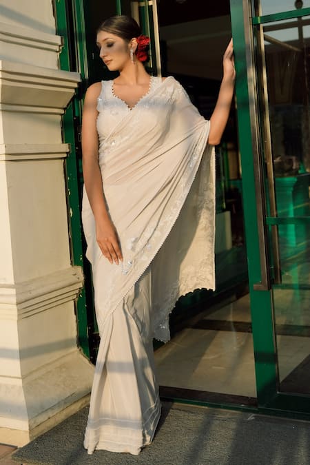 Buy_Gul By Aishwarya_Grey Crepe Hand Embroidered Cutdana Bordered Saree And Blouse Set  _Online_at_Aza_Fashions