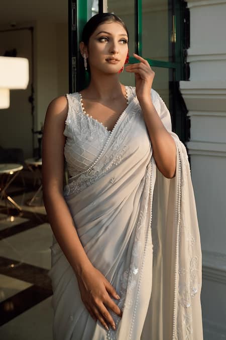 Shop_Gul By Aishwarya_Grey Crepe Hand Embroidered Cutdana Bordered Saree And Blouse Set  _Online_at_Aza_Fashions