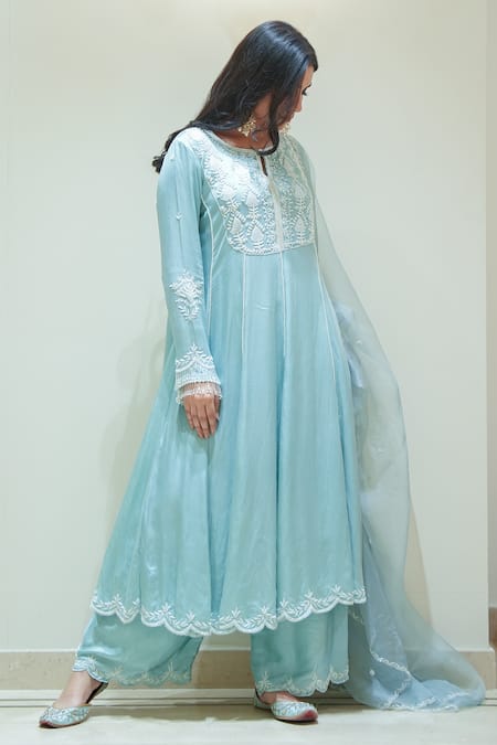 Gul By Aishwarya Blue Satin Silk Hand Embroidered Cutdana Keyhole Anarkali Palazzo Set Online at Aza Fashions Gul By Aishwarya_Blue Satin Silk Hand Embroidered Cutdana Keyhole Anarkali Palazzo Set _Online_at_Aza_Fashions