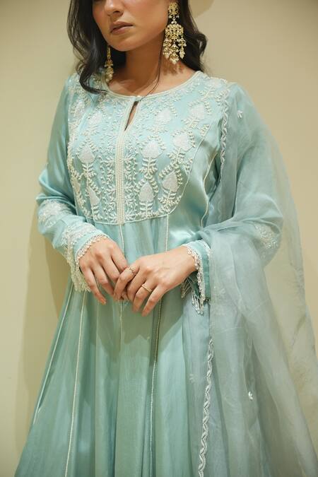 Buy_Gul By Aishwarya_Blue Satin Silk Hand Embroidered Cutdana Keyhole Anarkali Palazzo Set  _Online_at_Aza_Fashions