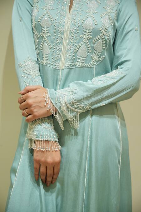 Shop_Gul By Aishwarya_Blue Satin Silk Hand Embroidered Cutdana Keyhole Anarkali Palazzo Set  _Online_at_Aza_Fashions