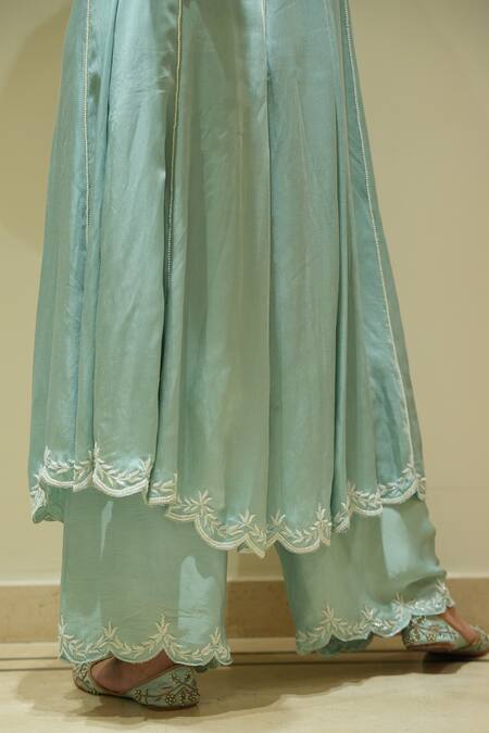 Gul By Aishwarya_Blue Satin Silk Hand Embroidered Cutdana Keyhole Anarkali Palazzo Set  _at_Aza_Fashions