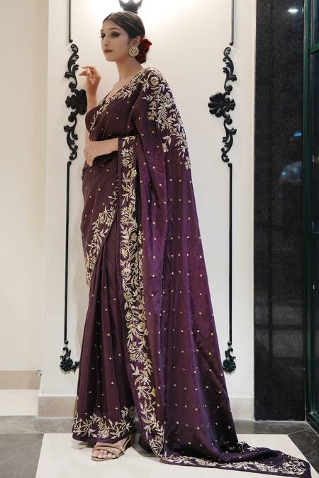 Gul By Aishwarya Wine Upada Silk Hand Embroidered Cutdana Square Floral Work Saree And Blouse Set Online at Aza Fashions Gul By Aishwarya_Wine Upada Silk Hand Embroidered Cutdana Square Floral Work Saree And Blouse Set _Online_at_Aza_Fashions