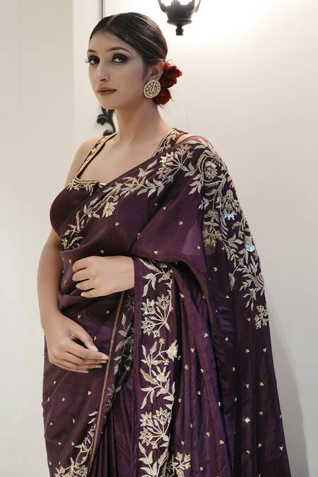 Shop Gul By Aishwarya Wine Upada Silk Hand Embroidered Cutdana Square Floral Work Saree And Blouse Set Online at Aza Fashions Shop_Gul By Aishwarya_Wine Upada Silk Hand Embroidered Cutdana Square Floral Work Saree And Blouse Set _Online_at_Aza_Fashions