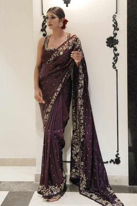 Gul By Aishwarya Wine Upada Silk Hand Embroidered Cutdana Square Floral Work Saree And Blouse Set at Aza Fashions Gul By Aishwarya_Wine Upada Silk Hand Embroidered Cutdana Square Floral Work Saree And Blouse Set _at_Aza_Fashions