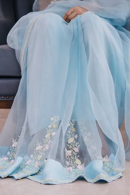 Gul By Aishwarya_Blue Satin, Silk Organza Cut Work, Sequins, Beads, Hand Embroidered Saree Set _Online_at_Aza_Fashions
