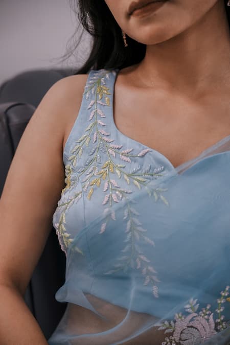 Shop_Gul By Aishwarya_Blue Satin, Silk Organza Cut Work, Sequins, Beads, Hand Embroidered Saree Set _Online_at_Aza_Fashions