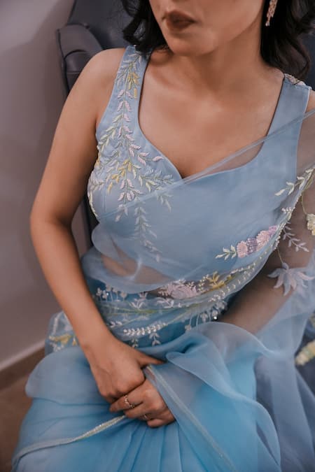 Gul By Aishwarya_Blue Satin, Silk Organza Cut Work, Sequins, Beads, Hand Embroidered Saree Set _at_Aza_Fashions
