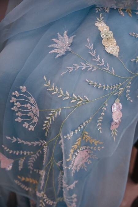 Buy_Gul By Aishwarya_Blue Satin, Silk Organza Cut Work, Sequins, Beads, Hand Embroidered Saree Set 