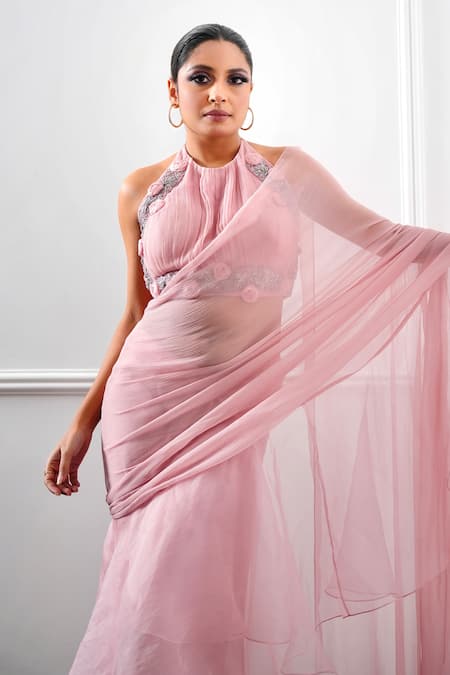 Buy_Amrta By Guneet Kondal_Pink Organza, Chiffon, Viscose Pearls, Pre-draped Ruffle Saree With Blouse _Online_at_Aza_Fashions