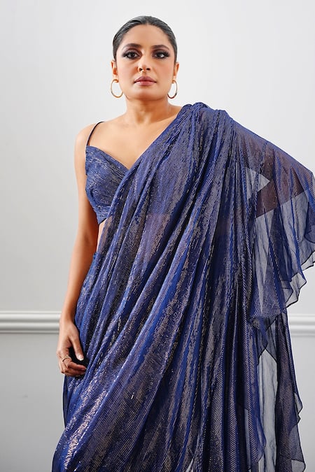 Amrta By Guneet Kondal Blue Viscose, Chiffon Zari V-neck Work Pre-draped Ruffle Saree With Blouse Online at Aza Fashions Amrta By Guneet Kondal_Blue Viscose, Chiffon Zari V-neck Work Pre-draped Ruffle Saree With Blouse _Online_at_Aza_Fashions