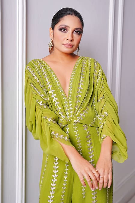 Amrta By Guneet Kondal_Green Viscose Sequins V-neck Embroidered And Hand-pleated Jumpsuit _Online_at_Aza_Fashions