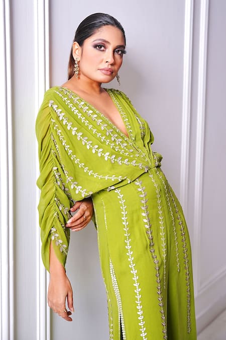 Buy_Amrta By Guneet Kondal_Green Viscose Sequins V-neck Embroidered And Hand-pleated Jumpsuit _Online_at_Aza_Fashions