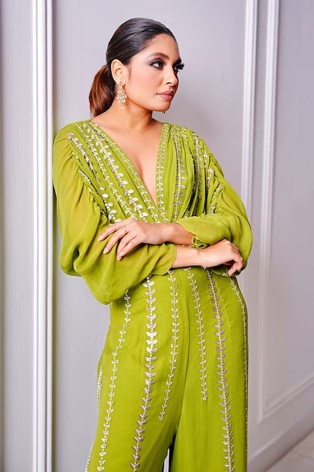 Shop_Amrta By Guneet Kondal_Green Viscose Sequins V-neck Embroidered And Hand-pleated Jumpsuit _Online_at_Aza_Fashions