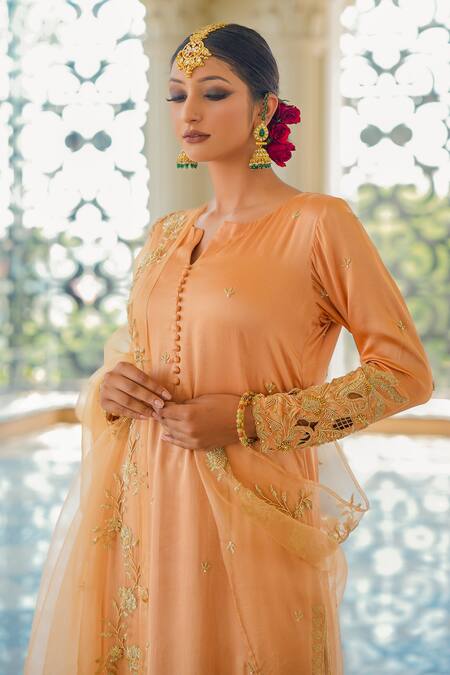 Gul By Aishwarya_Gold Satin Silk Hand Embroidered Cutdana Notched Pakistani Kurta Set  _Online_at_Aza_Fashions