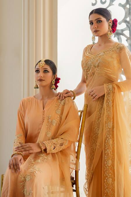 Gul By Aishwarya_Gold Satin Silk Hand Embroidered Cutdana Notched Pakistani Kurta Set  _at_Aza_Fashions