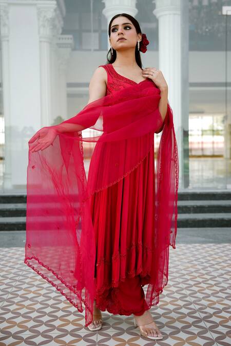 Shop Gul By Aishwarya Red Satin Silk Hand Embroidered Cutdana Leaf Neck Anarkali Palazzo Set Online at Aza Fashions Shop_Gul By Aishwarya_Red Satin Silk Hand Embroidered Cutdana Leaf Neck Anarkali Palazzo Set _Online_at_Aza_Fashions