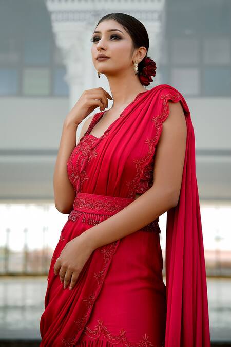 Buy Gul By Aishwarya Red Satin Silk Hand Embroidered Fish-cut Lehenga Saree And Blouse Set Online at Aza Fashions Buy_Gul By Aishwarya_Red Satin Silk Hand Embroidered Fish-cut Lehenga Saree And Blouse Set _Online_at_Aza_Fashions