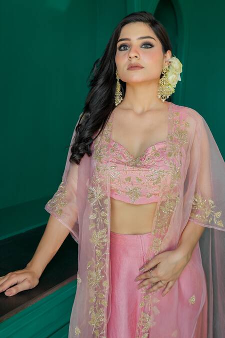 Gul By Aishwarya Pink Satin Silk Hand Embroidered Cutdana Cape Open Zardozi Pant Set Online at Aza Fashions Gul By Aishwarya_Pink Satin Silk Hand Embroidered Cutdana Cape Open Zardozi Pant Set _Online_at_Aza_Fashions