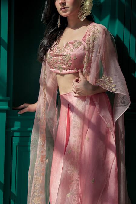 Shop Gul By Aishwarya Pink Satin Silk Hand Embroidered Cutdana Cape Open Zardozi Pant Set Online at Aza Fashions Shop_Gul By Aishwarya_Pink Satin Silk Hand Embroidered Cutdana Cape Open Zardozi Pant Set _Online_at_Aza_Fashions