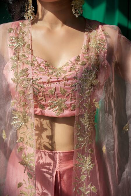 Gul By Aishwarya Pink Satin Silk Hand Embroidered Cutdana Cape Open Zardozi Pant Set at Aza Fashions Gul By Aishwarya_Pink Satin Silk Hand Embroidered Cutdana Cape Open Zardozi Pant Set _at_Aza_Fashions