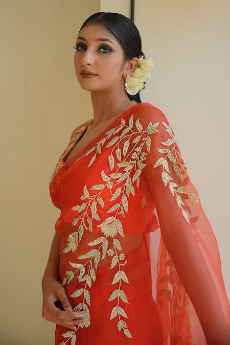 Gul By Aishwarya_Coral Silk Organza, Satin Cut Work, Leaf Pattern Embroidered Orange Saree Set _Online_at_Aza_Fashions