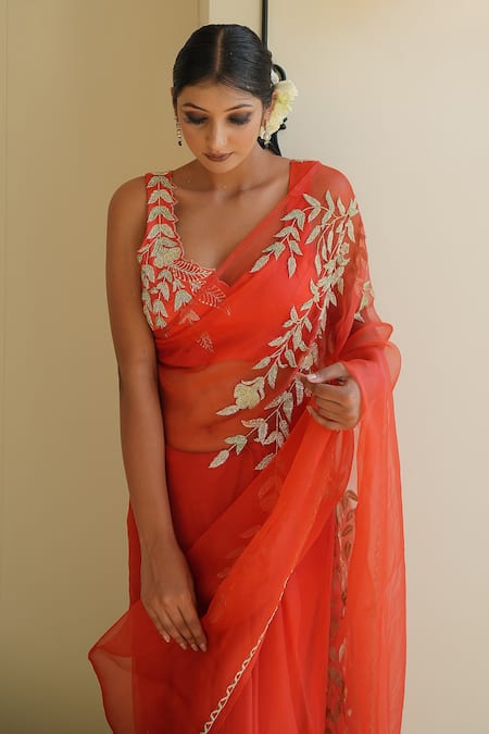 Buy_Gul By Aishwarya_Coral Silk Organza, Satin Cut Work, Leaf Pattern Embroidered Orange Saree Set _Online_at_Aza_Fashions