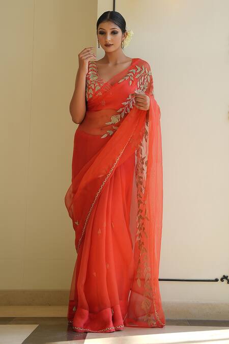 Shop_Gul By Aishwarya_Coral Silk Organza, Satin Cut Work, Leaf Pattern Embroidered Orange Saree Set _Online_at_Aza_Fashions