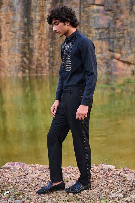 Buy_Dash And Dot_Black 100% Organic Cotton Mirror Work Embroidered Shirt_Online_at_Aza_Fashions