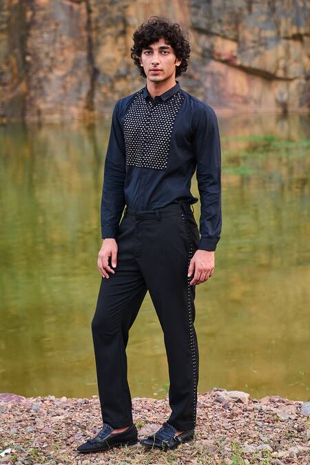 Shop_Dash And Dot_Black 100% Organic Cotton Mirror Work Embroidered Shirt_Online_at_Aza_Fashions