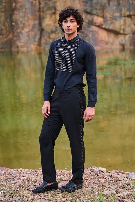 Dash And Dot_Black 100% Organic Cotton Mirror Work Embroidered Shirt_at_Aza_Fashions