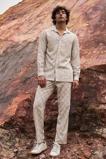 Dash And Dot_Beige 100% Polyester Moroccan Mosaic Tile Print Pant Set_Online_at_Aza_Fashions