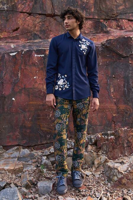 Dash And Dot_Blue 2% Lycra, 35% Viscose, 63% Polyester Thread Work Floral Embroidered Shirt_Online_at_Aza_Fashions