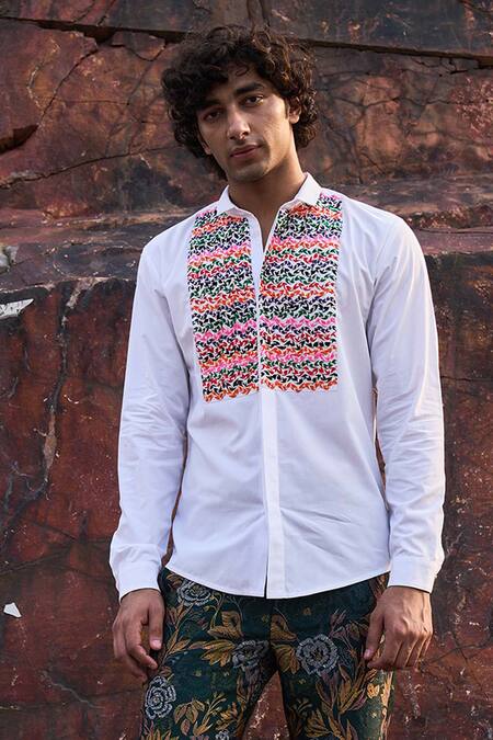 Dash And Dot_White 100% Organic Cotton Dori Work Embroidered Shirt_at_Aza_Fashions