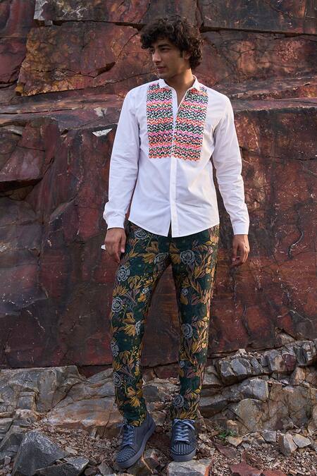 Dash And Dot_White 100% Organic Cotton Dori Work Embroidered Shirt_Online_at_Aza_Fashions