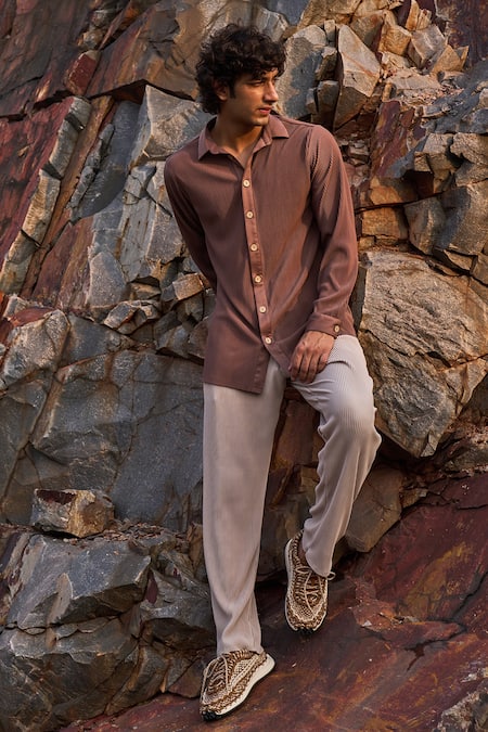 Dash And Dot Brown 100% Recycled Polyester Pleated Textured Shirt Online at Aza Fashions Dash And Dot_Brown 100% Recycled Polyester Pleated Textured Shirt _Online_at_Aza_Fashions