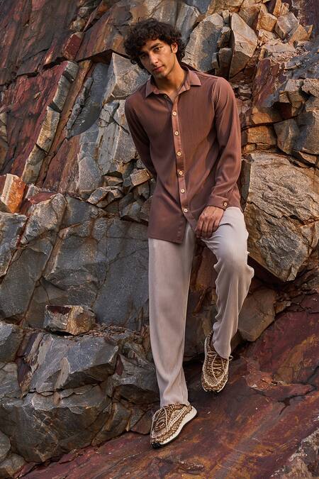 Dash And Dot_Beige 100% Recycled Polyester Pleated Textured Pant Set_Online_at_Aza_Fashions