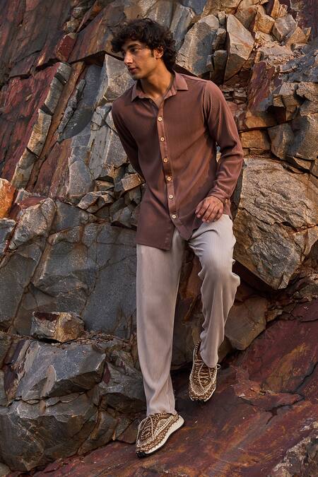 Buy_Dash And Dot_Beige 100% Recycled Polyester Pleated Textured Pant Set_Online_at_Aza_Fashions